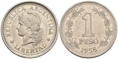 Аргентина 1 песо 1958 голова свободы влево KM 57, Schon 57 сталь плакированная никелем    60-1014