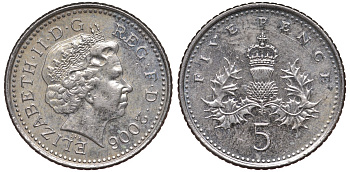 Великобритания 5 пенсов 2006 Елизавета II (1952-2022) KM 988, Spink 4670 (D5) медно-никель 4124-665