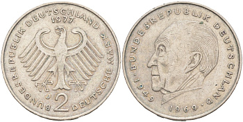 ФРГ 2 марки 1977 J, КОНРАД АДЕНАУЭР KM 124, J. 406 медно-никель плакированный никелем 4448-857