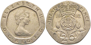 Великобритания 20 пенсов 1982 Елизавета II (1952-2022) KM 931, Spink 4230 (G1) медно-никель 117-141