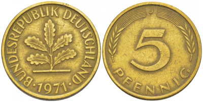 ФРГ 5 ПФЕННИГОВ 1971 J KM 107, J. 382 сталь плакированная латунью 4396-1635