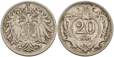 Австрия 20 геллеров 1907 Франц Иосиф I KM 2803 никель 4584-242