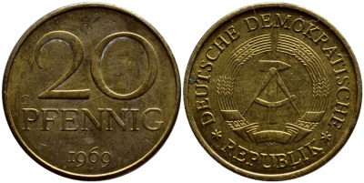 ГДР 20 пфеннигов 1969 А, первый год KM 11 латунь UNC 4398-232