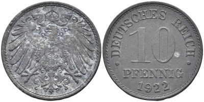 ГЕРМАНИЯ 10 ПФЕННИГОВ 1922 KM 26, J. 299 цинк 4401-222