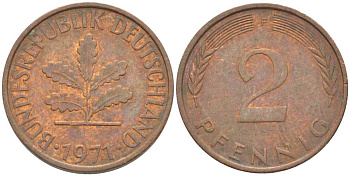 ФРГ 2 ПФЕННИГА 1971 F KM 106a, J. 381a сталь плакированная сталь плакированная медьюю 116-326
