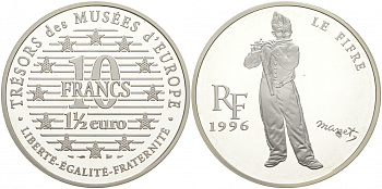 Франция 10 франков = 1 1/2 евро 1996 серия сокровища музеев Европы, игрок на флейте Эдуарда Мане KM 1122 серебро PROOF 11-039-31