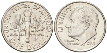 США 10 центов (дайм) 2001 P, Рузвельт KM 195a медь плакированная медно-никелем UNC 4613-827