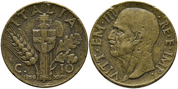 Италия 10 чентезимо 1939 R, Виктор Эммануил III (1900-1946), VII год KM 74а алюминиевая бронза 4175-322