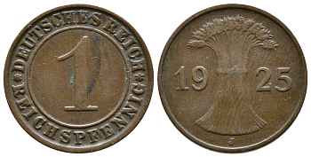 ГЕРМАНИЯ 1 РЕЙХСПФЕННИГ 1925 J KM 37, J. 313 бронза 4380-1129