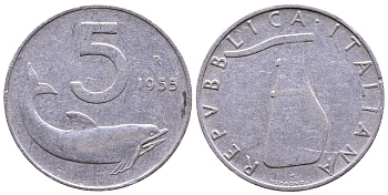 ИТАЛИЯ 5 ЛИР 1955 R, РУЛЬ, ДЕЛЬФИН KM 92 алюминий 56-1134