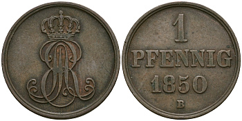 Ганновер 1 пфенниг 1850 B, Эрнст Август (1837-1851) KM 201.1, AKS 129, J. 74 медь 4608-1059