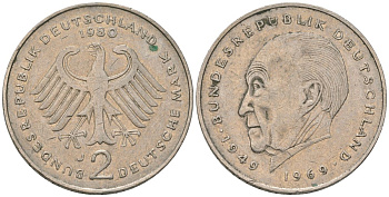 ФРГ 2 марки 1980 J, Конрад Аденауэр, 20 лет Федеративной Республике KM 124 медно-никель 4565-916