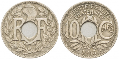 Франция 10 сантимов 1918 тип Линдайё KM 866a, Le Franc 138.3 медно-никель 4402-736