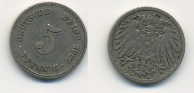 ГЕРМАНИЯ 5 ПФЕННИГОВ 1900 A, KM 11, J. 12 медно-никель 54-753