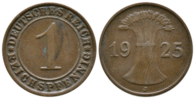ГЕРМАНИЯ 1 РЕЙХСПФЕННИГ 1925 J KM 37, J. 313 бронза 4380-1129