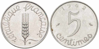 ФРАНЦИЯ 5 САНТИМОВ 1962 ПЯТАЯ РЕСПУБЛИКА KM 927, LE FRANC 124.4 хромированная сталь 105-422