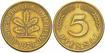 ФРГ 5 ПФЕННИГОВ 1979 J KM 107, J.382 сталь плакированная латунью 4396-1643