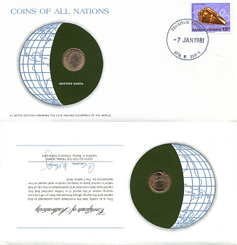 Самоа 1 сене 1974 конверт с маркой первого дня гашения, Coins of Nations KM 12 бронза UNC 4294-72-3