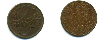 ПОЛЬША 2 ГРОША 1935 w KM 9a бронза 46-461