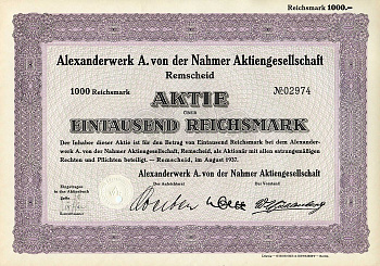 Германия 1000 рейхсмарок 1937 Александрверк А. фон дер Нахмер АГ Ремшайд, акция   бумага   8801-08-1