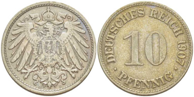 Германия 10 пфеннигов 1907 D KM 12, J. 13, Weege 8 медно-никель 259-924
