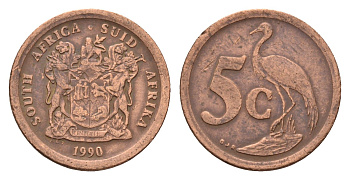 ЮАР 5 центов 1990 герб, райский журавль KM 134 сталь плакированная медью 4643-262