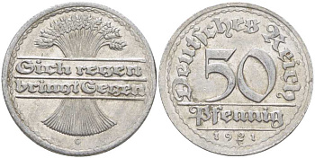 ГЕРМАНИЯ 50 ПФЕННИГОВ 1921 G KM 27, J. 301, Weege 10 алюминий 261-742