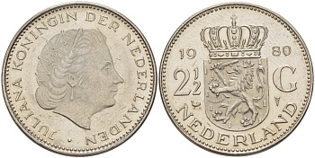 Нидерланды 2 1/2 гульдена 1980 Юлиана (1948-1980) KM 191 никель 38-144