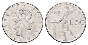 Италия 50 лир 1978 R, бог огня Вулкан у наковальни KM 95.1 нержавеющая сталь 186-952