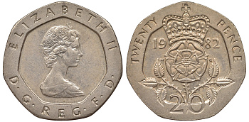 Великобритания 20 пенсов 1982 Елизавета II (1952-2022) KM 931, Spink 4230 (G1) медно-никель 62-822