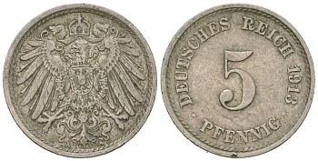 Германия 5 пфеннигов 1913 A, Вильгельм II (1888-1918) KM 11, J. 12 медно-никель 4615-738