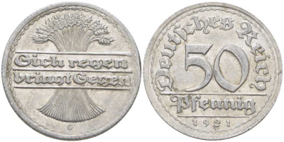 ГЕРМАНИЯ 50 ПФЕННИГОВ 1921 G KM 27, J. 301, Weege 10 алюминий 261-742
