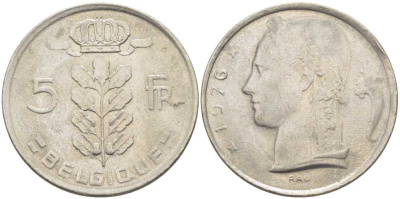 БЕЛЬГИЯ 5 ФРАНКОВ 1976 BELGIQUE, БОДУЭН I (1951-1993) KM 134.1 медно-никель 119-737