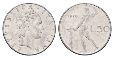 Италия 50 лир 1978 R, бог огня Вулкан у наковальни KM 95.1 нержавеющая сталь 186-952