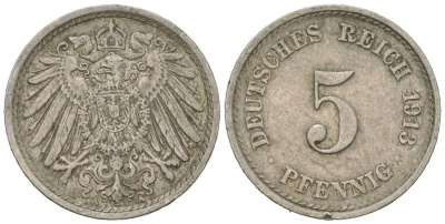 Германия 5 пфеннигов 1913 A, Вильгельм II (1888-1918) KM 11, J. 12 медно-никель 4615-738