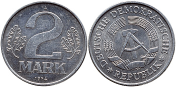 ГДР 2 МАРКИ 1974 А KM 48 алюминий UNC 59-116