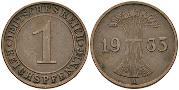 Германия 1 рейхспфенниг 1935 A KM 37, J. 313 бронза 4528-327