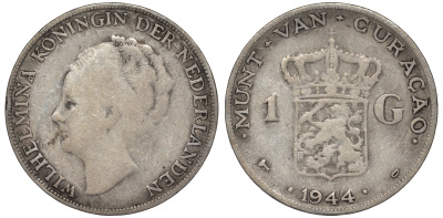 Нидерландское Кюрасао 1 гульден 1944 D, Вильгельмина (1890-1948) KM 45 серебро 36-714