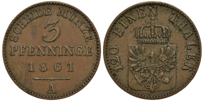 ПРУССИЯ 3 ПФЕННИНГА 1861 A, ВИЛЬГЕЛЬМ I (1861-1888) KM 482 медь 4513-145