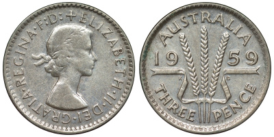 Австралия 3 пенса 1959 m, Елизавета II (1952-2022) KM 57 серебро 71-621