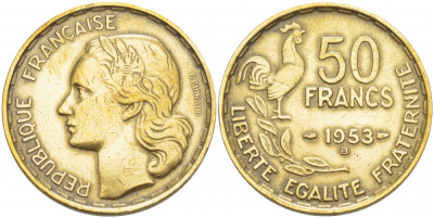 ФРАНЦИЯ 50 ФРАНКОВ 1953 В KM 918.2 алюминиевая бронза 4403-1134