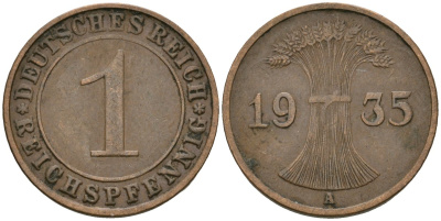 Германия 1 рейхспфенниг 1935 A KM 37, J. 313 бронза 4528-327