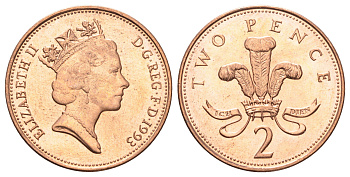 Великобритания 2 пенса 1993 Елизавета II (1952-2022) KM 936a, Spink 4376 (C4) сталь плакированная медью UNC 4698-1015