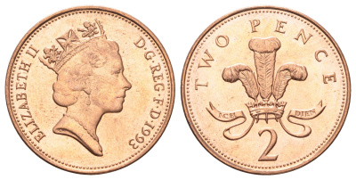 Великобритания 2 пенса 1993 Елизавета II (1952-2022) KM 936a, Spink 4376 (C4) сталь плакированная медью UNC 4698-1015