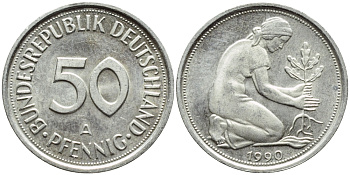 ФРГ 50 ПФЕННИГОВ 1990 A КМ 109.2 J.384a медно-никель UNC 4392-1056