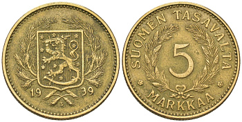 Финляндия 5 марок 1939 S KM 31 алюминиевая бронза 4589-1255