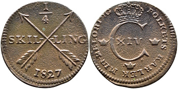 Швеция 1/4 скиллинга 1827 Карл XIV Юхан (1818-1844) KM 595 медь 4393-323