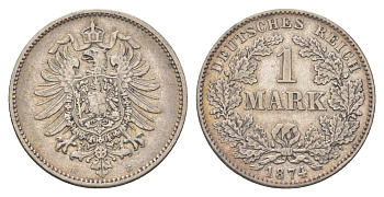 Германия 1 марка 1874 E, Вильгельм I (1861-1888) KM 7, J. 9 серебро 3896-943