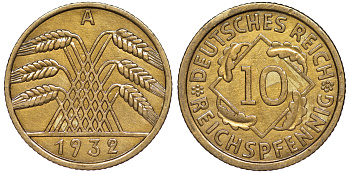 Германия 10 рейхспфеннигов 1932 A KM 40, J. 317 алюминиевая бронза 4604-716