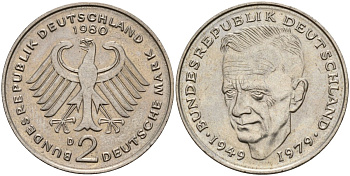 ФРГ 2 марки 1980 D, Курт Шумахер, 30 лет Федеративной Республике (1949-1979) KM 149, J. 424 медно-никель 4187-816